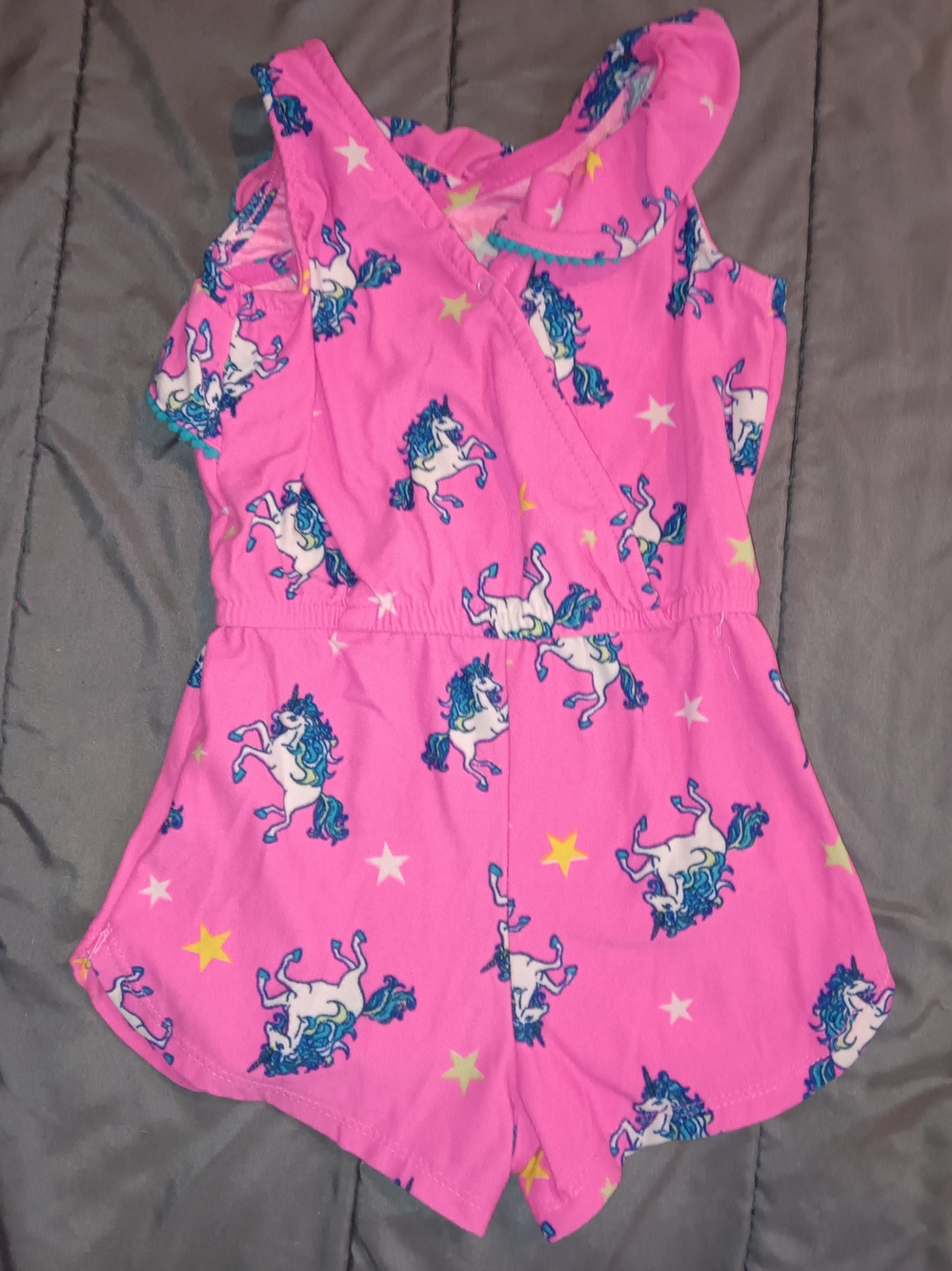 Kidgets Pink Unicorn Tank Romper with Teal Trim - Picture 2 of 3
